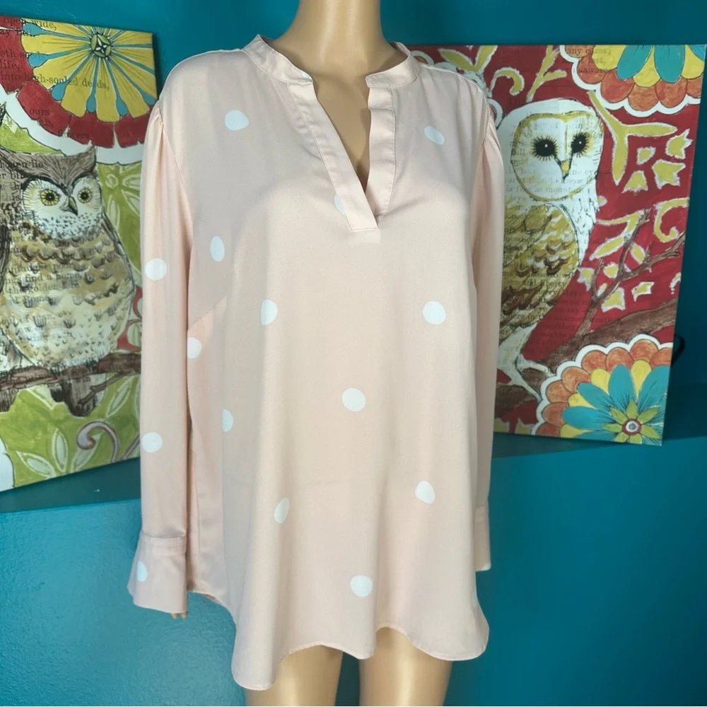 LOFT Plus Blouse Size 18 Pink Polka Dot Long Sleeve V-Neck Lightweight Top - Picture 4 of 7